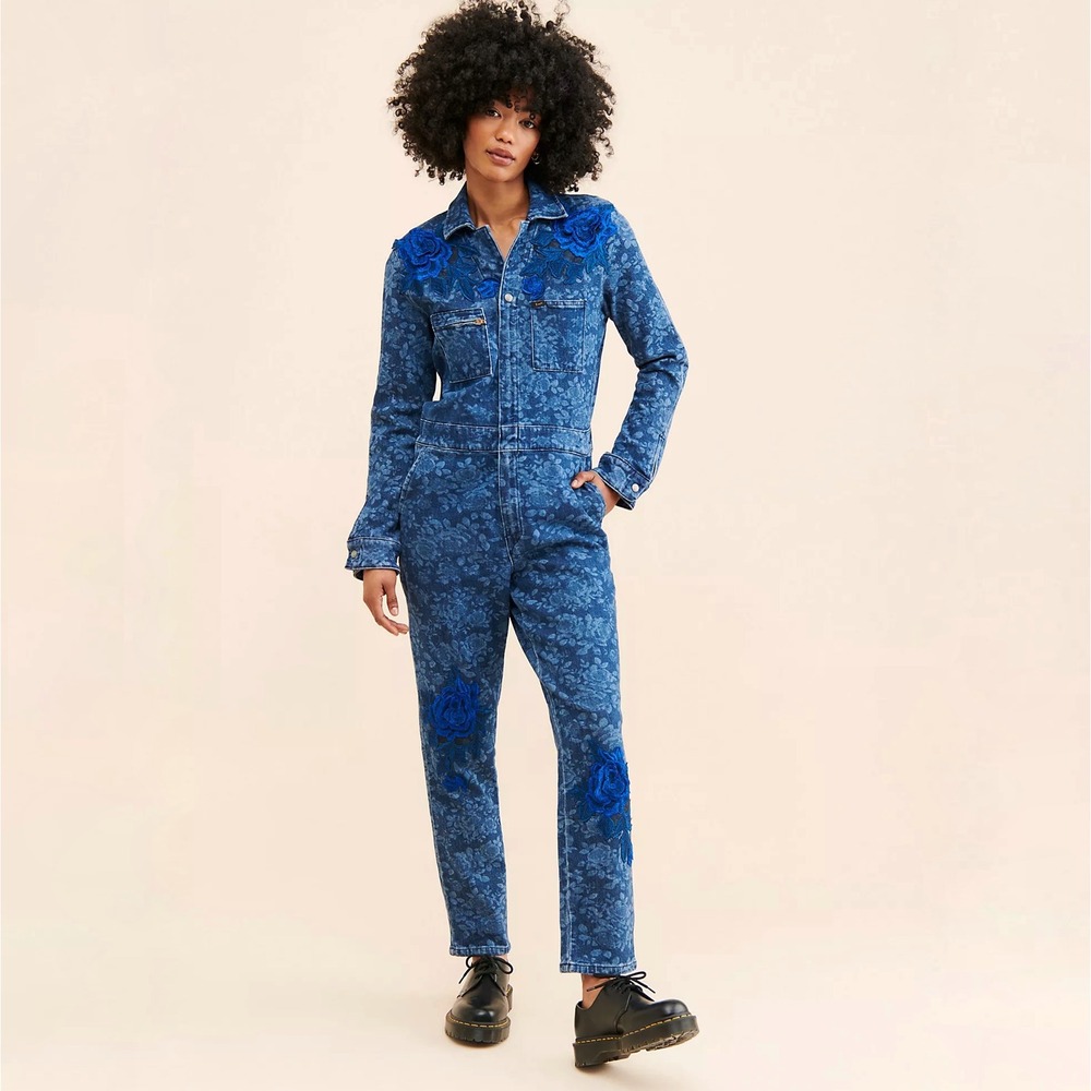Re_Nuuly Tricia Fix Rose Embroidered Coveralls Lee Union Alls Denim‎ Size  Small
